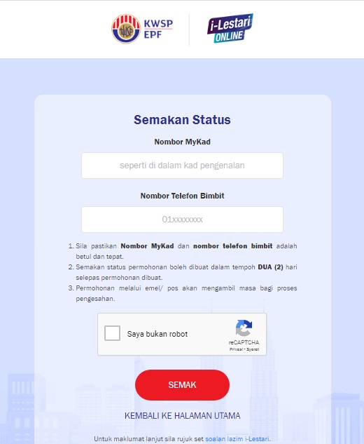 Cara Semak Status Permohonan I-Lestari KWSP - TCER.MY