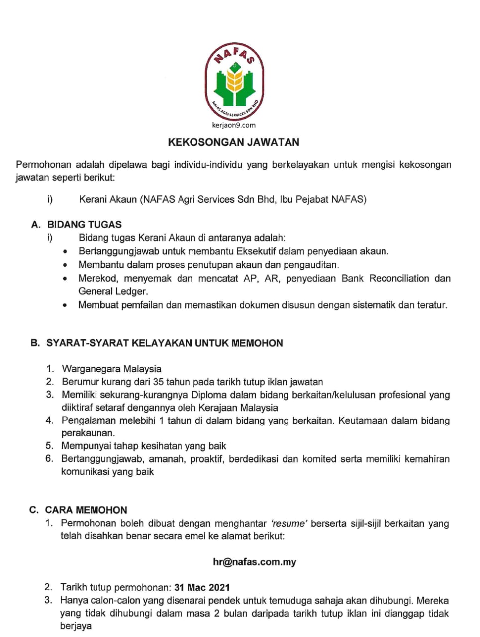 Jawatan Kosong Di Pertubuhan Peladang Kebangsaan (NAFAS) - TCER.MY