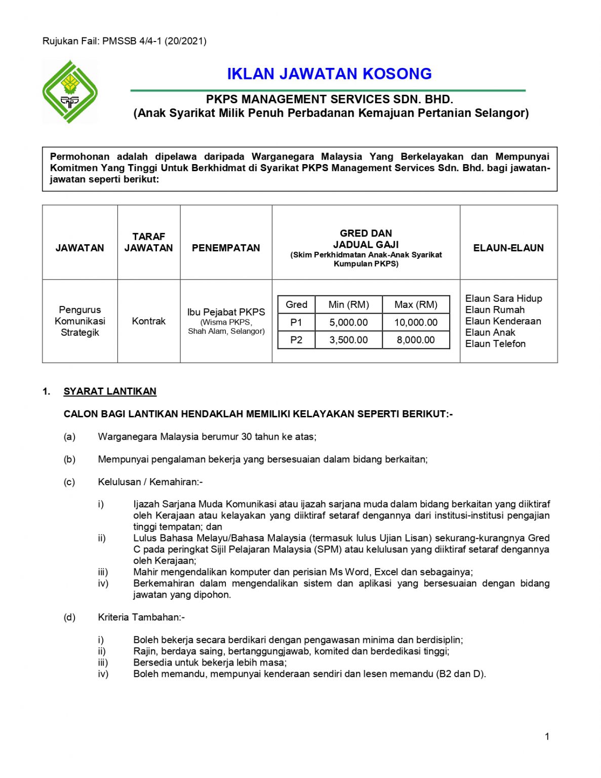 Kerja Kosong Di Perbadanan Kemajuan Pertanian Selangor (PKPS) - TCER.MY