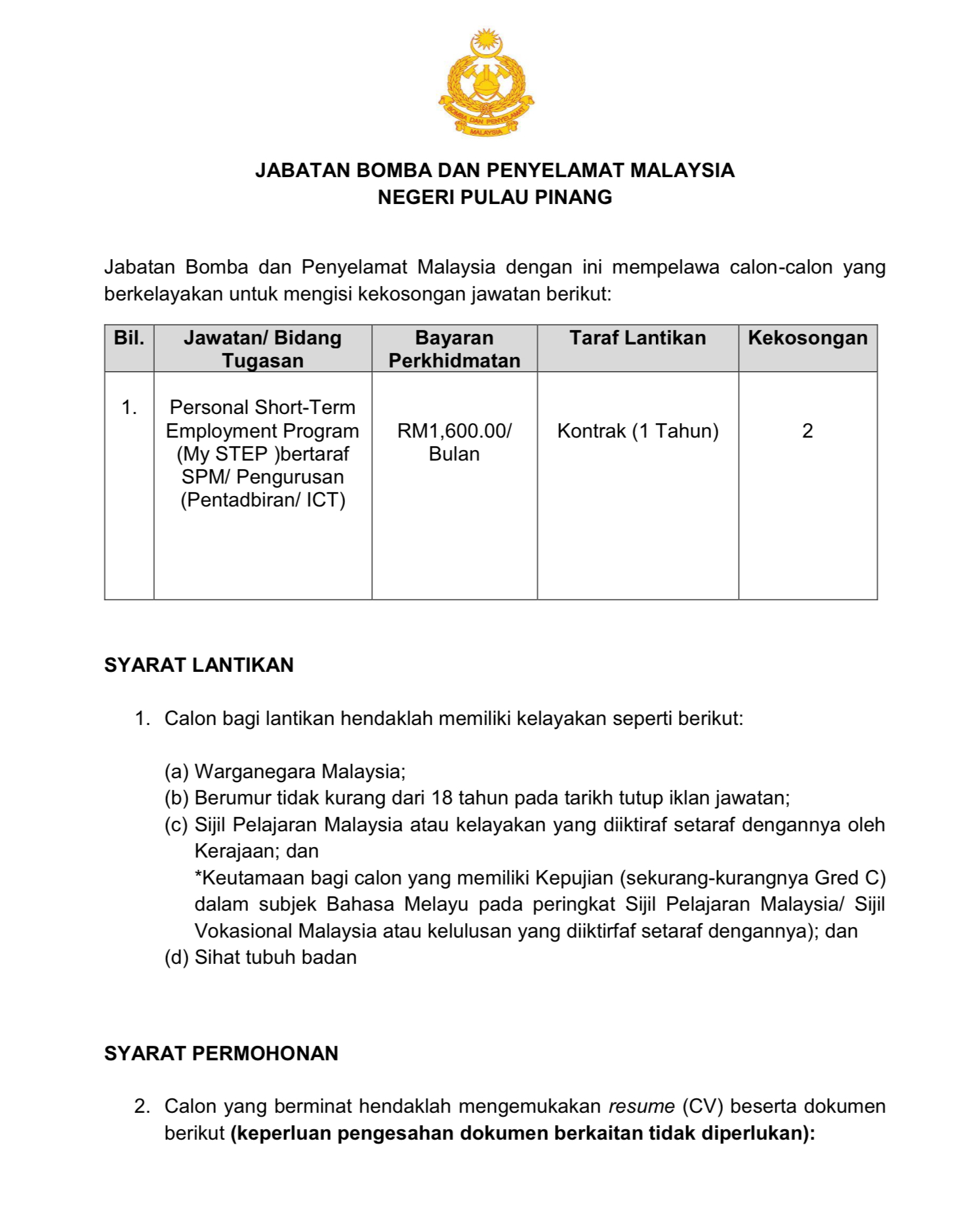Kerja Kosong Di Jabatan Bomba & Penyelamat Malaysia (JBPM)  TCER.MY