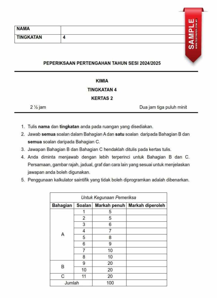 PENTAKSIRAN PERTENGAHAN TAHUN PPT KIMIA TINGKATAN 4 KERTAS 1 DAN 2 ( 2024-2025) 1