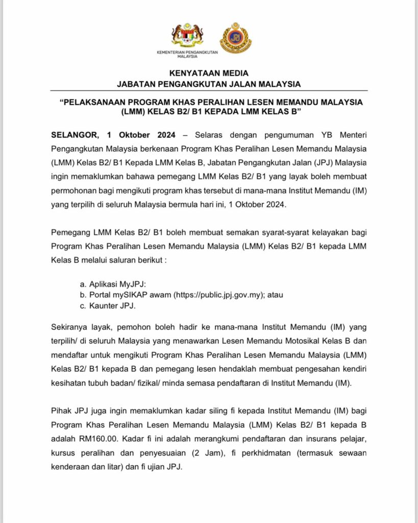 Program Khas Peralihan Lesen Memandu Malaysia B2/B1 Kepada B 1