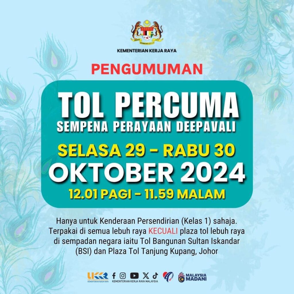 Pemberian Tol Percuma Deepavali Pada 29 & 30 Oktober 2024 1